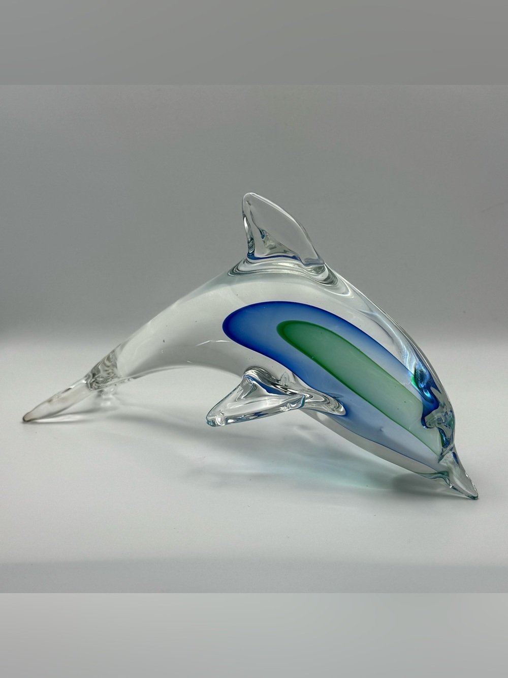 Vintage Murano Style Art Glass Dolphin Figurine Blue Green Sommerso Coastal Deco